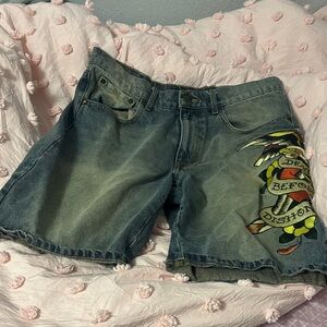 Ed Hardy Blue Jean Shorts with Colorful Graphic